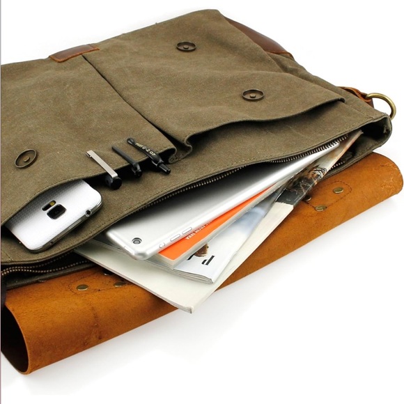 NEW Genuine Leather Canvas Messenger Bag - Picture 14 of 16